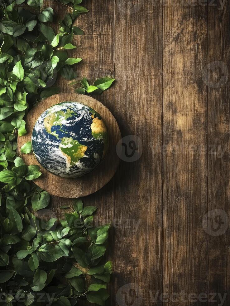 Earth Globe Surrounded by Green Leaves on Wood Background Overhead View photo