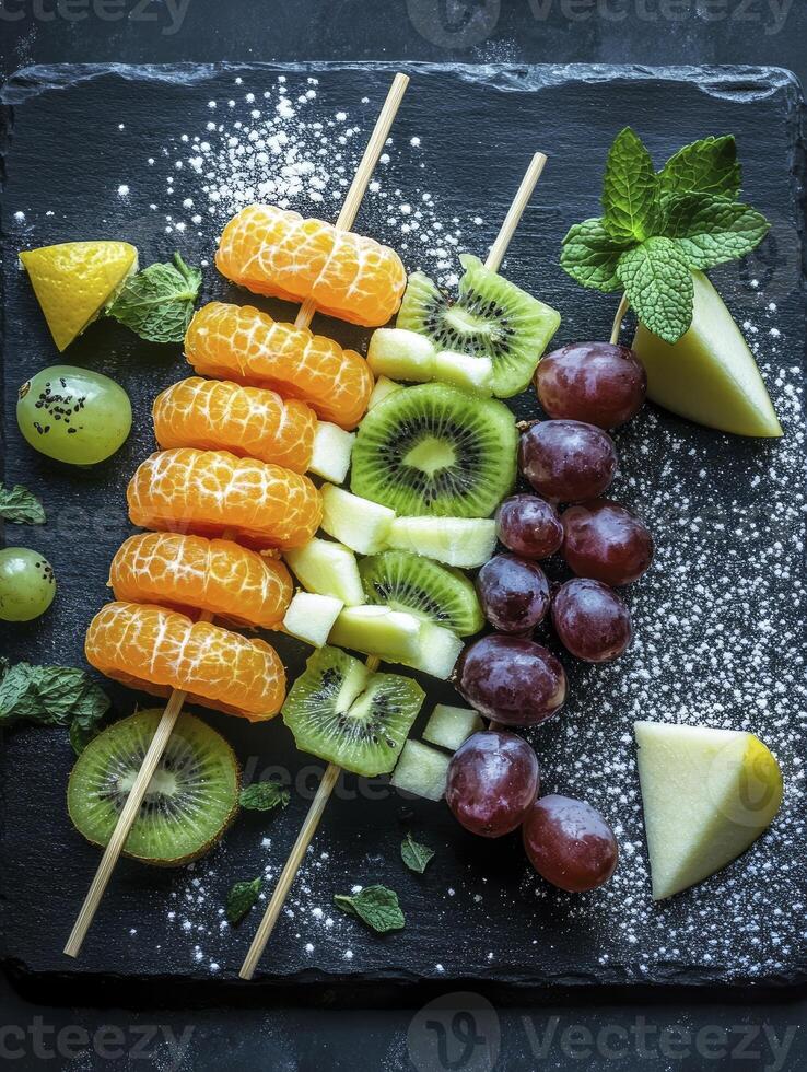 Delicious Fruit Skewers with Mandarin Kiwi and Grapes on Dark Background photo
