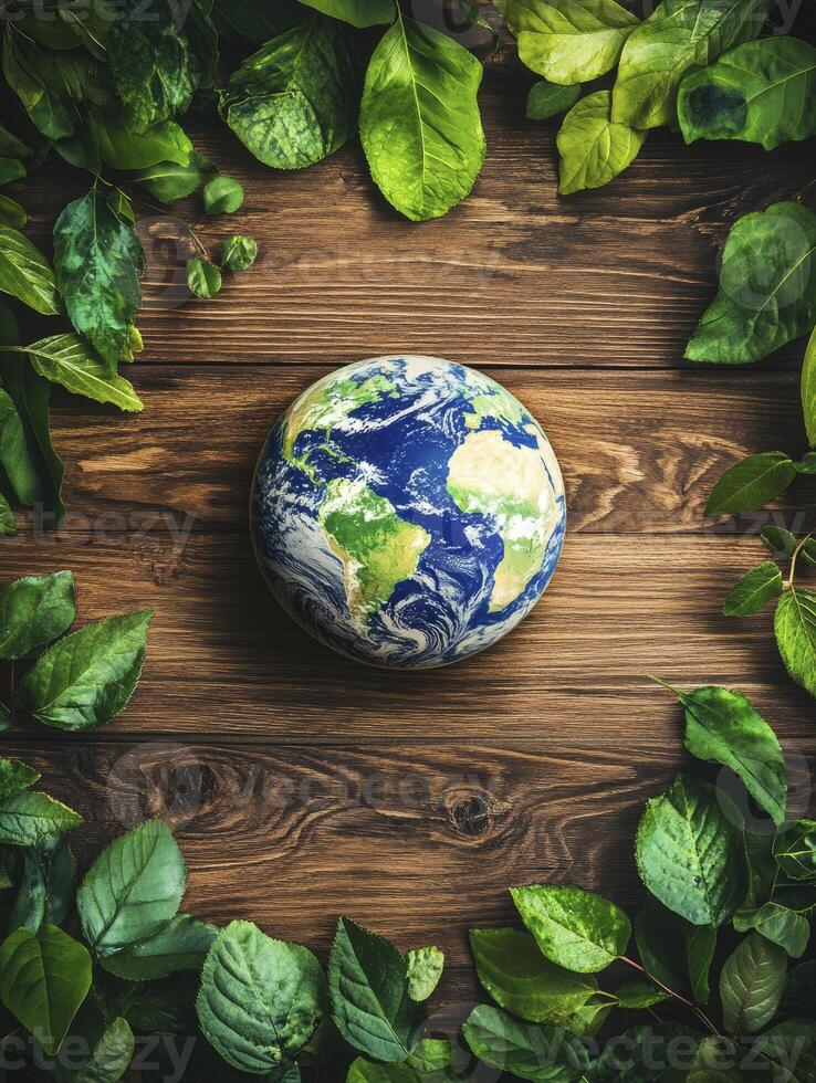 Earth Globe Surrounded by Fresh Green Leaves on Rustic Wood Surface photo