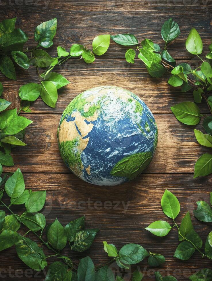 Earth Globe with Green Leaves on Wood Symbolizing Environmental Conservation photo