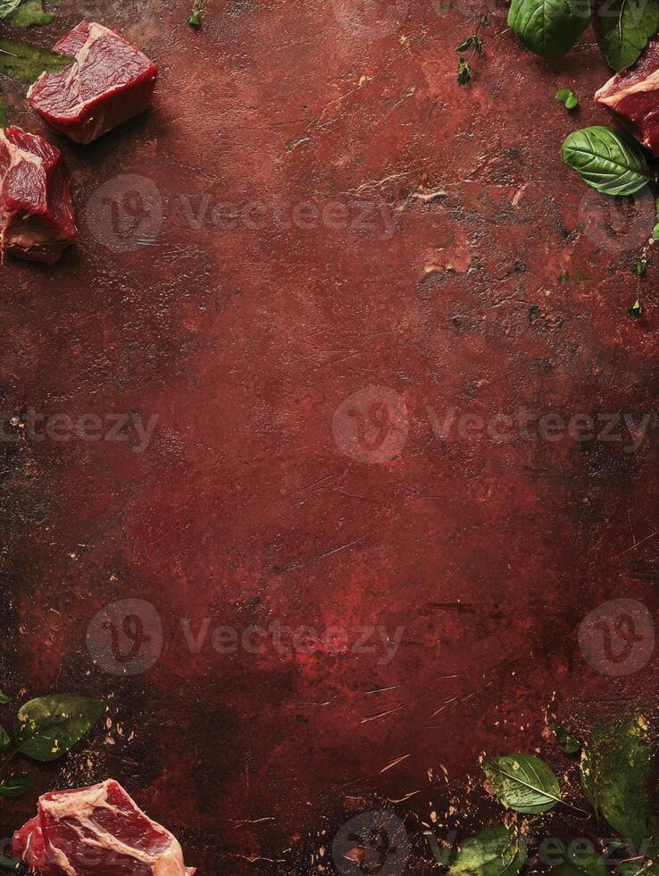 Raw Beef Steaks with Fresh Basil on a Rustic Textured Surface photo