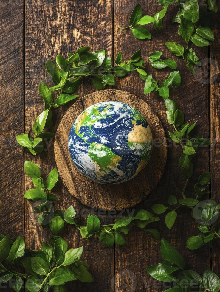 Earth Globe Surrounded by Greenery on Rustic Wood Background for Environment photo