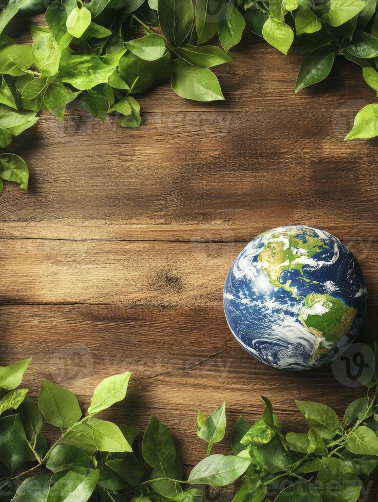 Earth Globe Surrounded by Green Leaves on Wood Background Concept photo