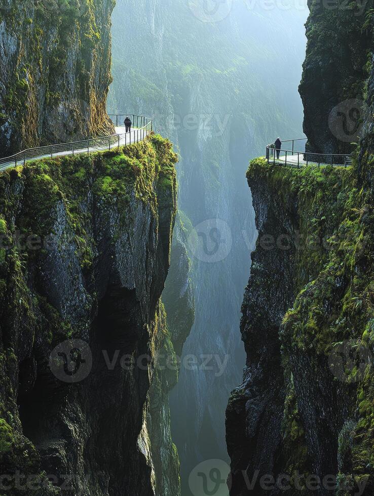 Walking on Cliffside Path with Foggy Canyon View for Travel Inspiration photo
