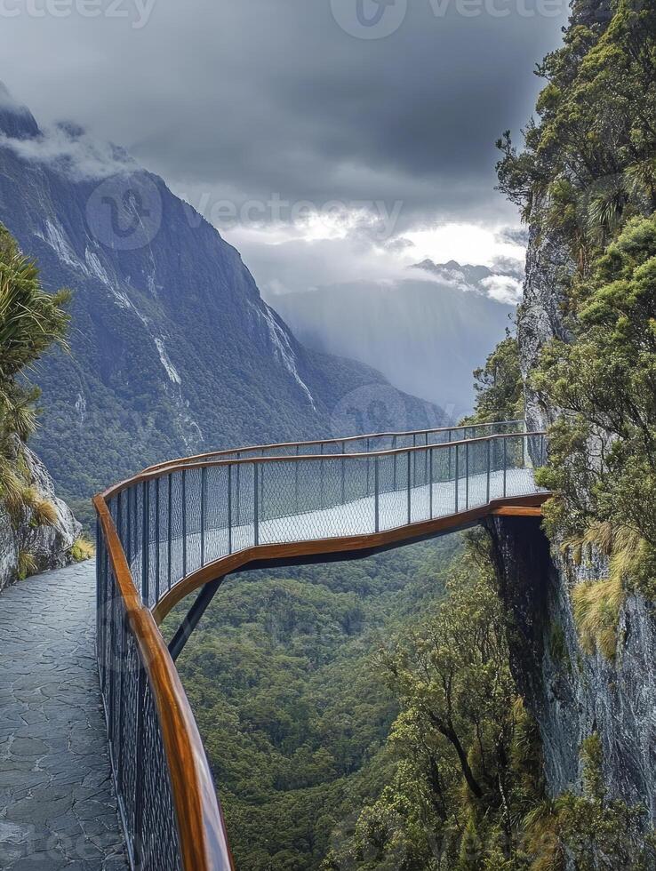 Walking Along Cliffside Overlook with Mountain Views and Forest in Background photo