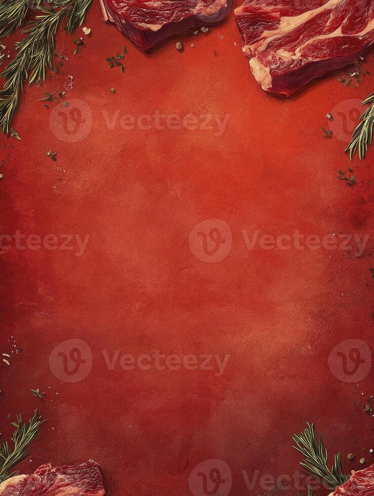 Fresh Raw Steak with Rosemary on Red Background for Culinary Designs photo