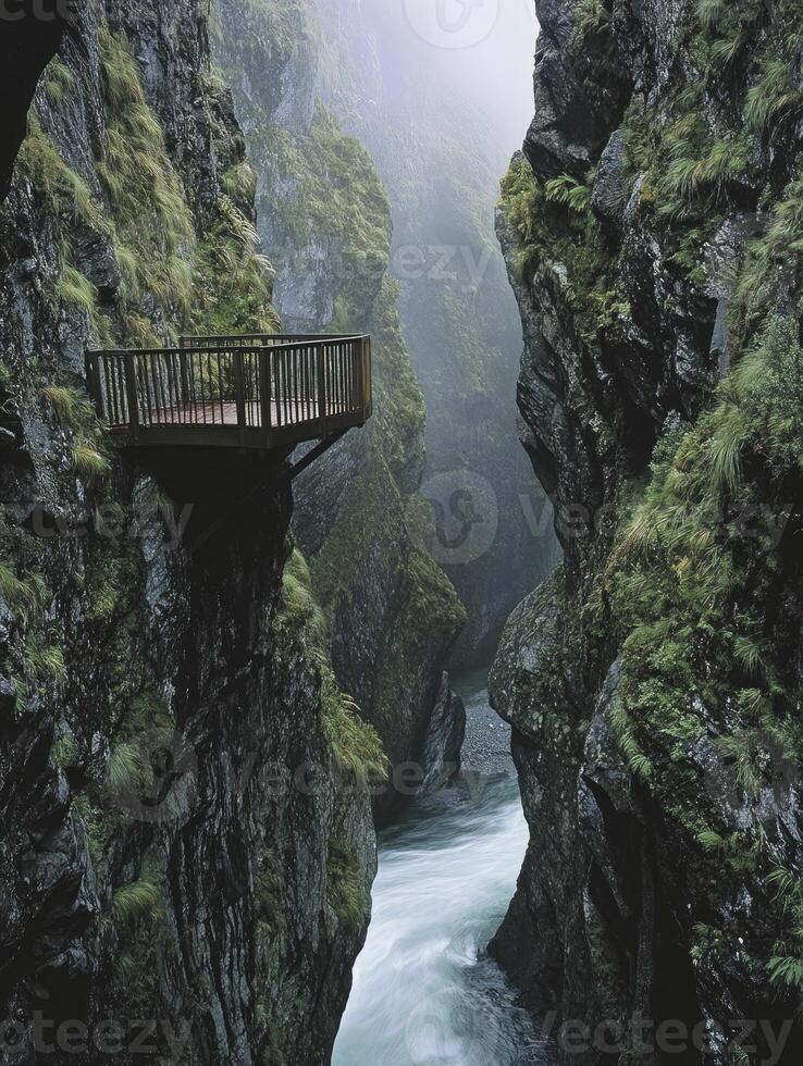 Exploring Deep Gorge with Wooden Platform and Flowing River View photo