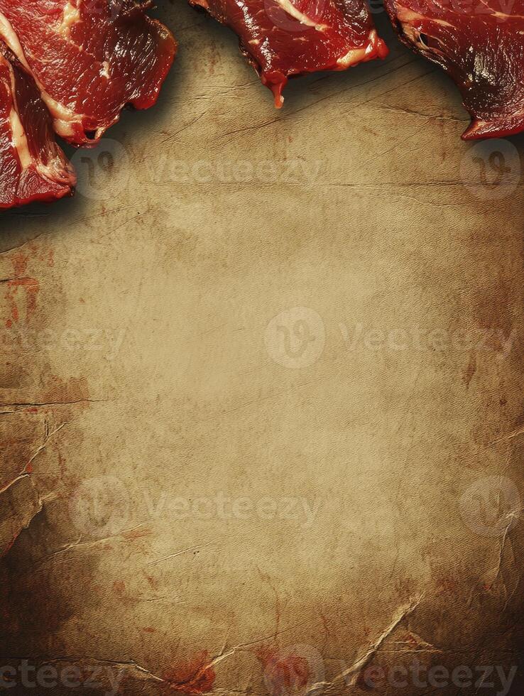 Fresh Raw Beef Meat on Rustic Parchment Paper Background with Copy Space photo
