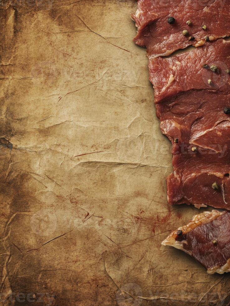 Fresh Raw Beef Steak with Black Pepper on Vintage Paper photo