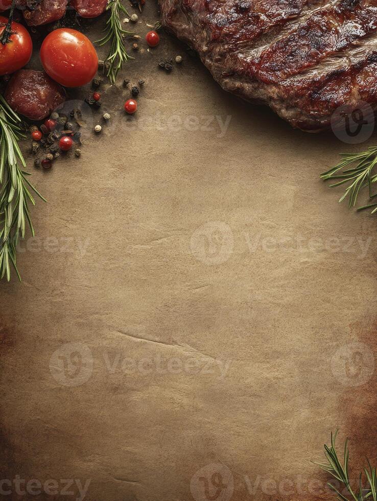 Grilled Steak with Tomatoes and Rosemary on Textured Brown Background photo