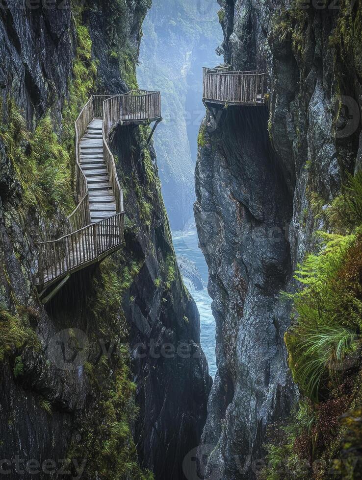 Walking Wooden Path Through Narrow Gorge with Rushing River Below photo