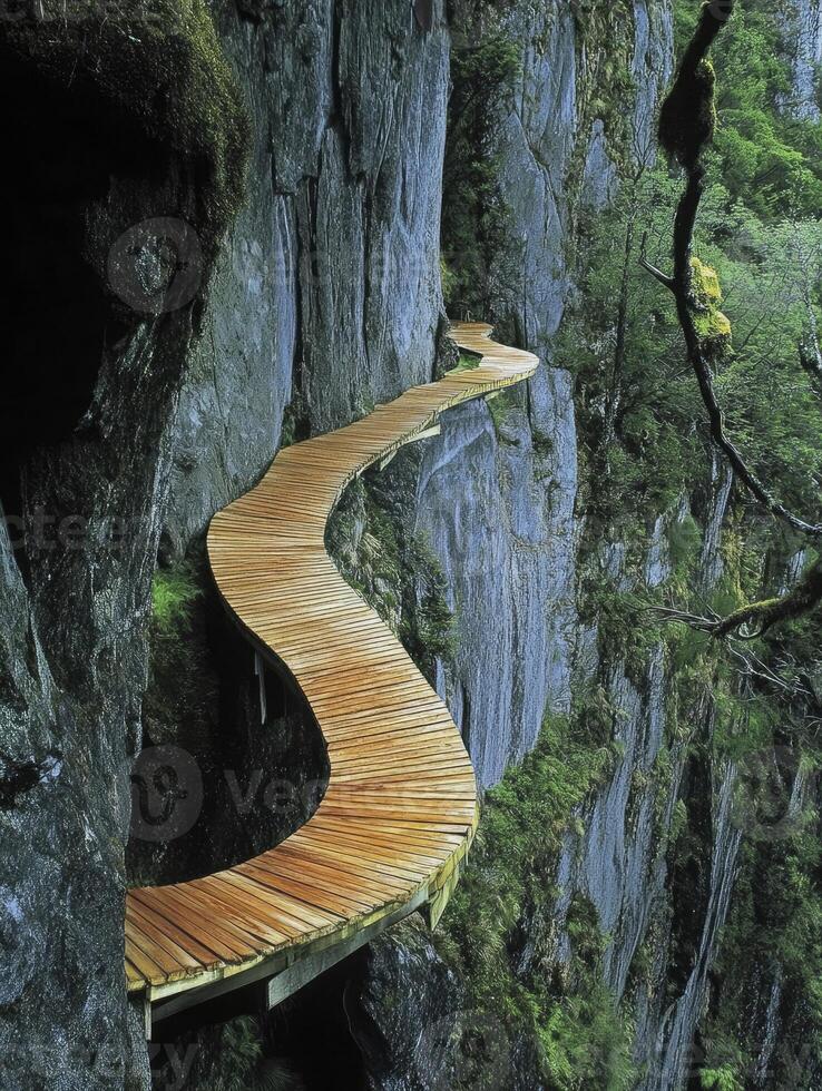 Walking the Wooden Cliffside Path Exploring Nature's Beauty on the Edge photo