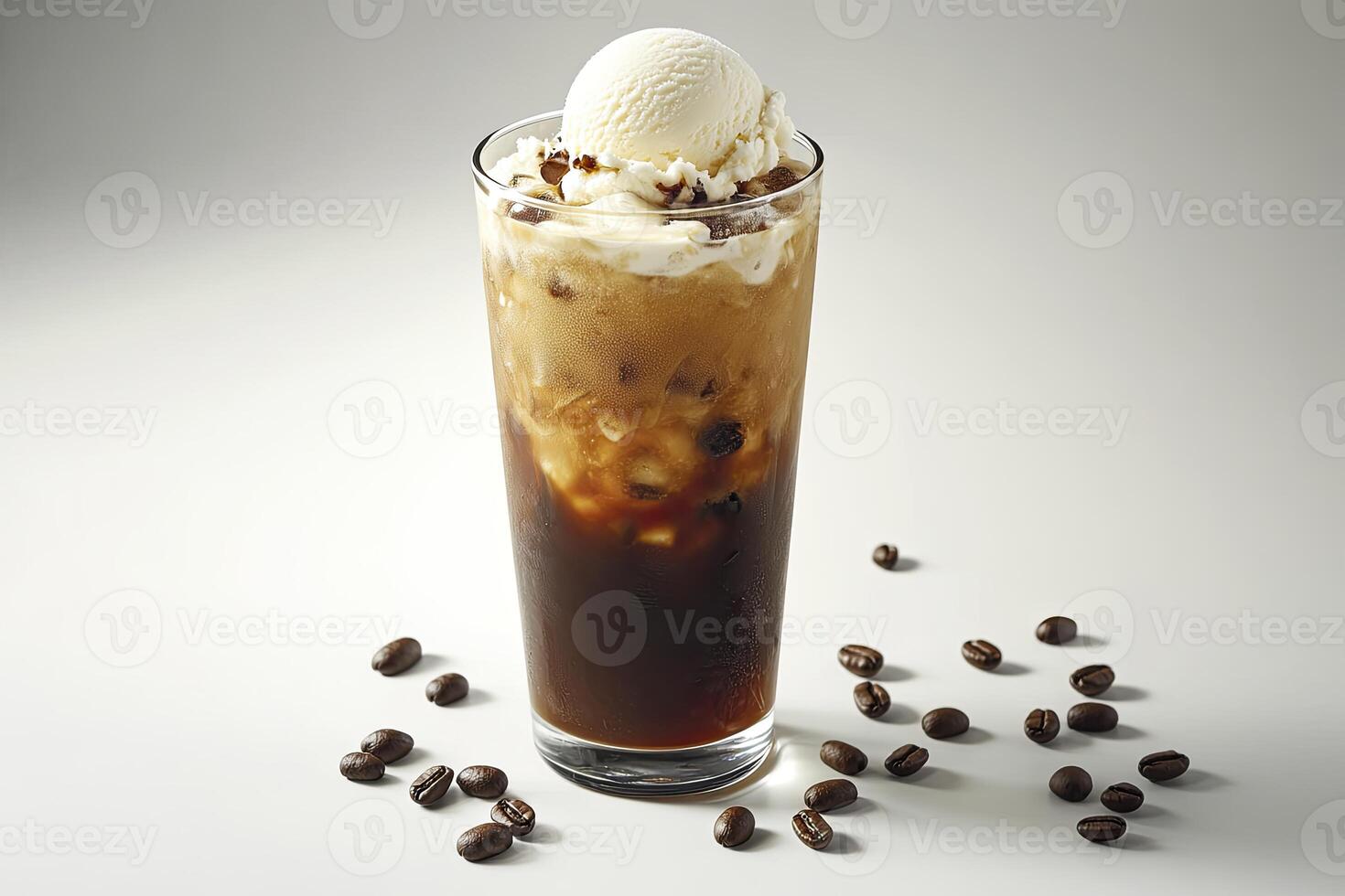 An iced coffee with ice cream and coffee beans photo