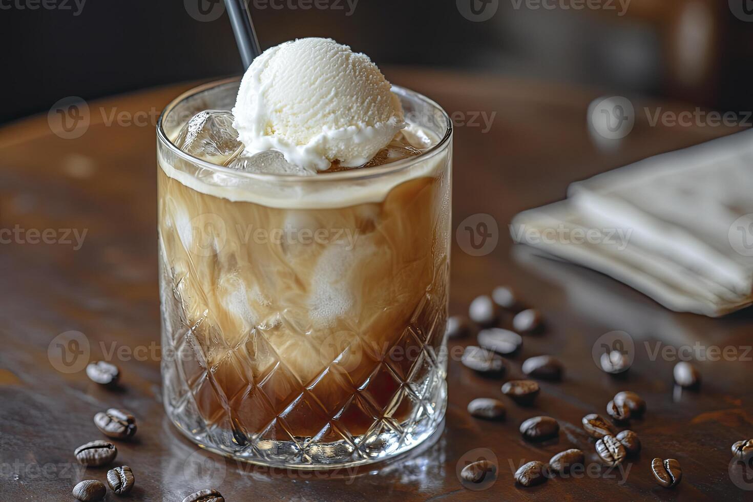 Iced Coffee Affogato Dessert Drink with Ice Cream and Coffee Beans photo