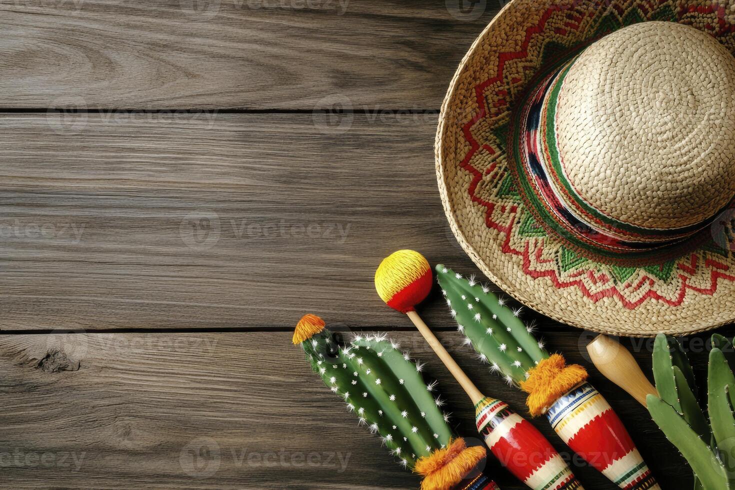 Festive Cinco De Mayo Flat Lay with Sombrero, Cactus and Maracas photo