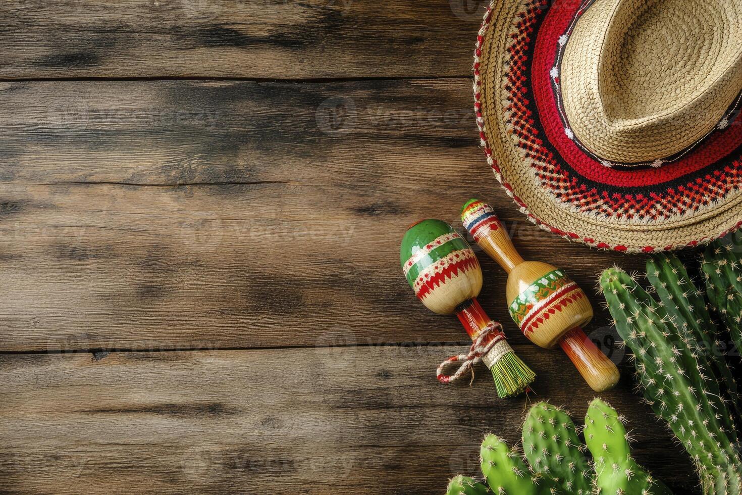 Mexican Fiesta with Sombrero, Maracas and Cacti on Rustic Wood photo