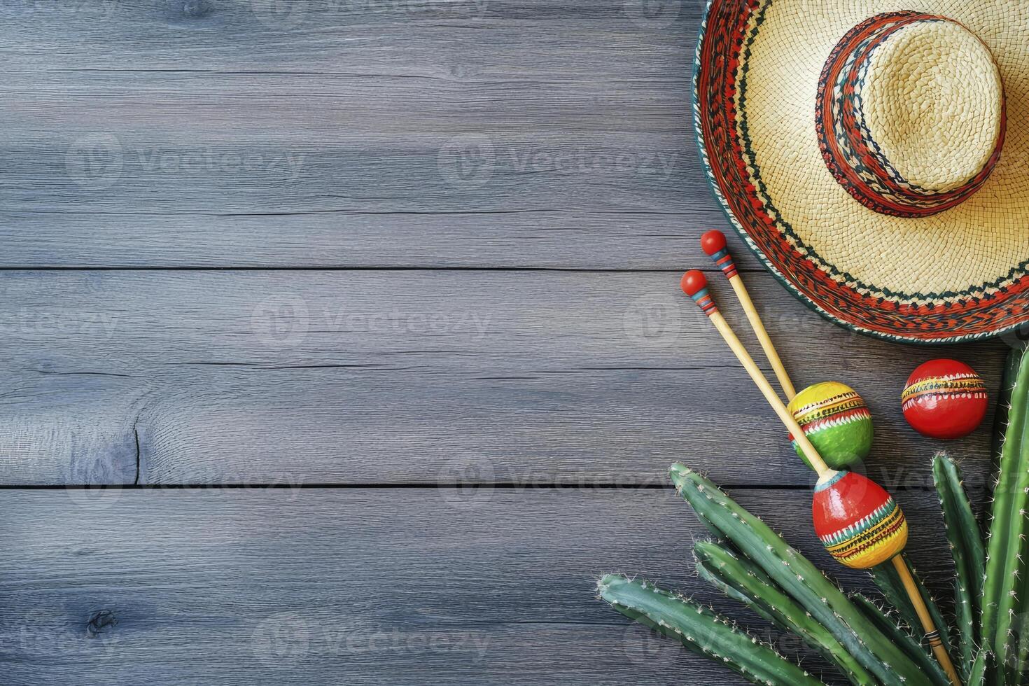 Celebrating Cinco De Mayo with Sombrero, Maracas, and Cactus on Wood photo