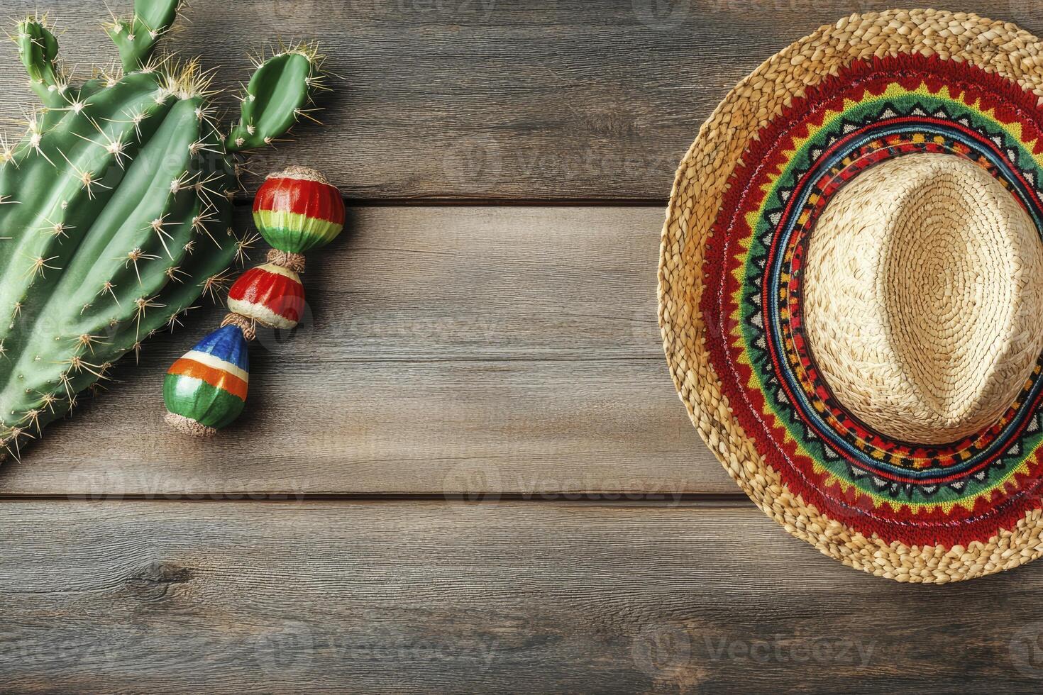 Mexican Fiesta Still Life with Sombrero, Cactus and Maraca on Wood photo