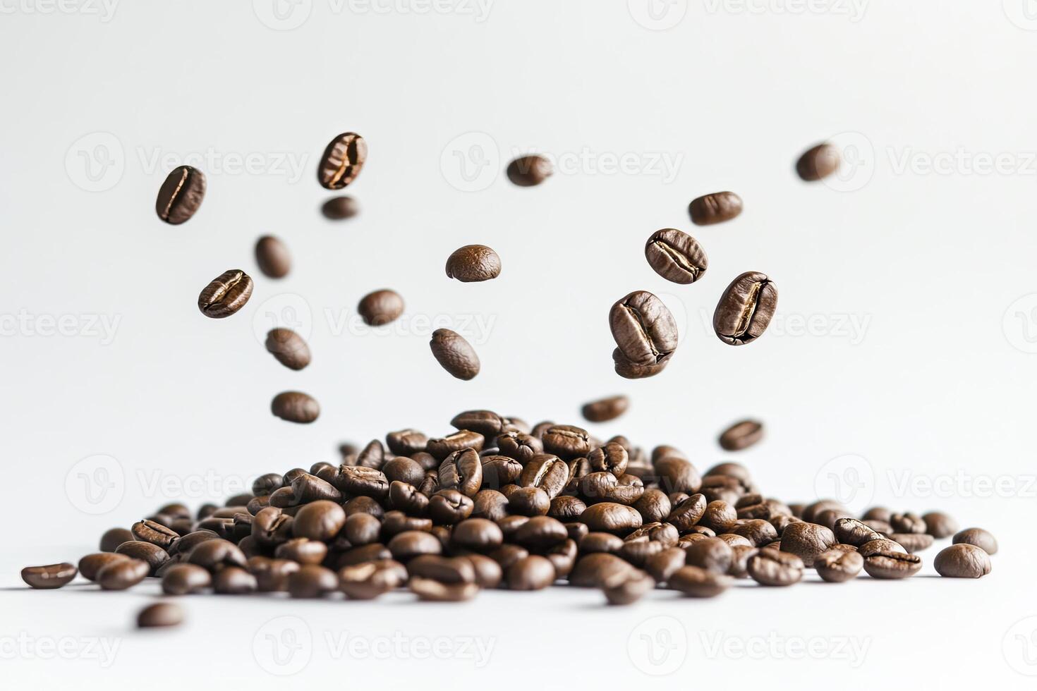 Falling Coffee Beans Creating a Pile on White Background Still Life photo