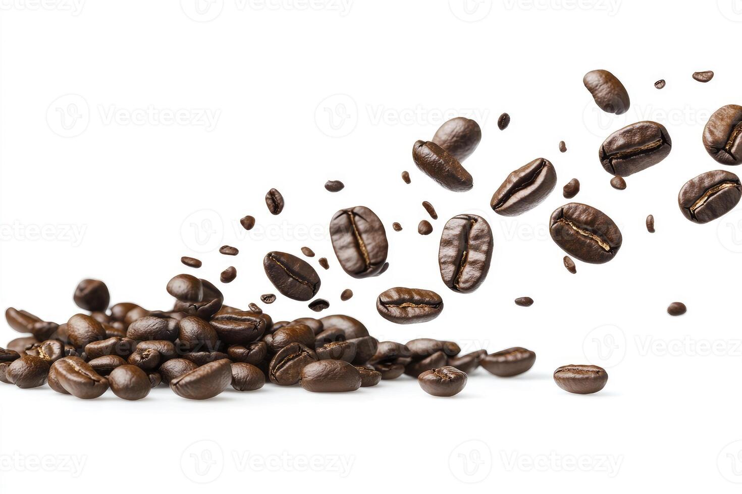 Roasted Coffee Beans Falling and Piled on White Background Studio Shot photo