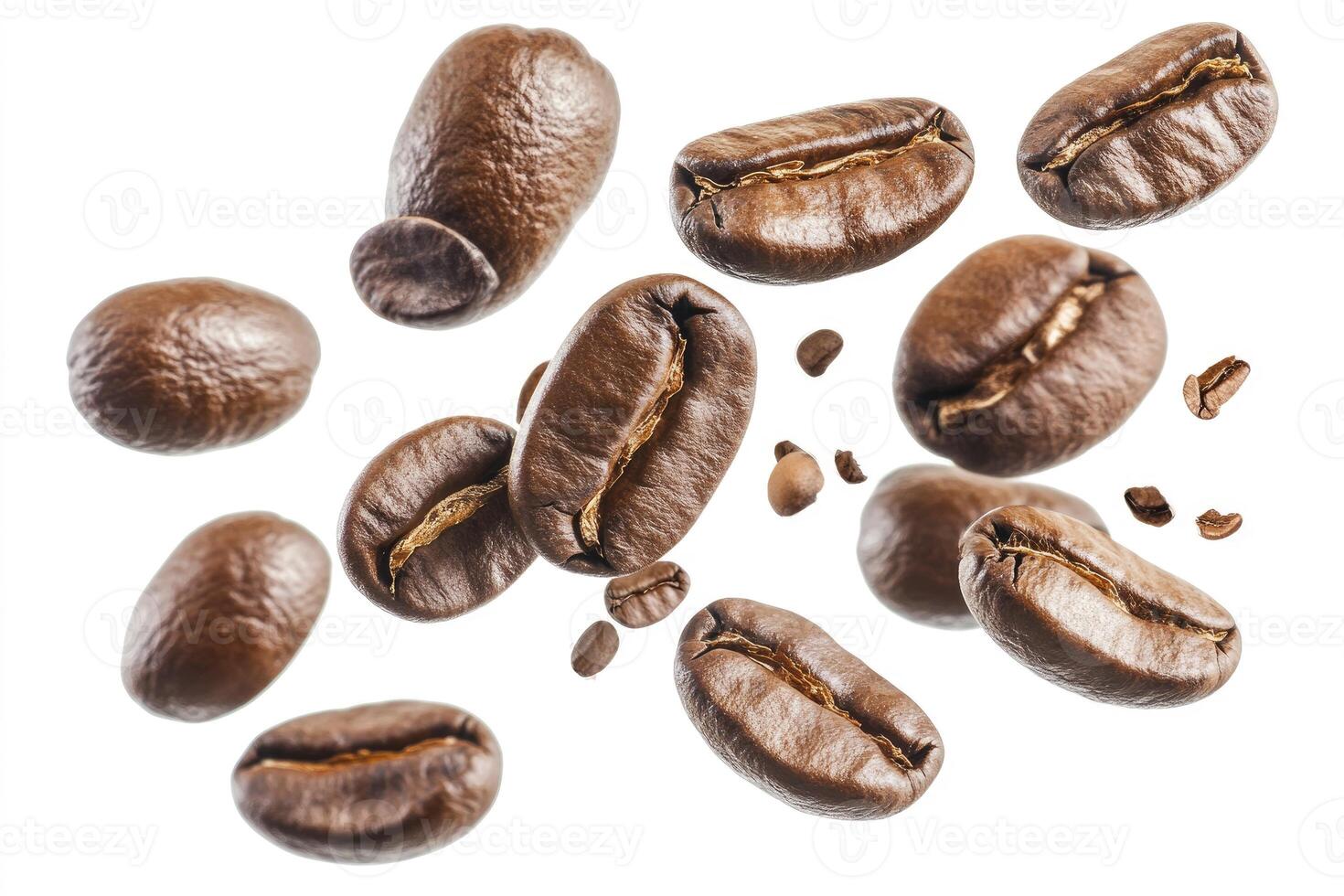 Coffee Beans Falling with Elegance Brown and Aromatic Isolated on White photo
