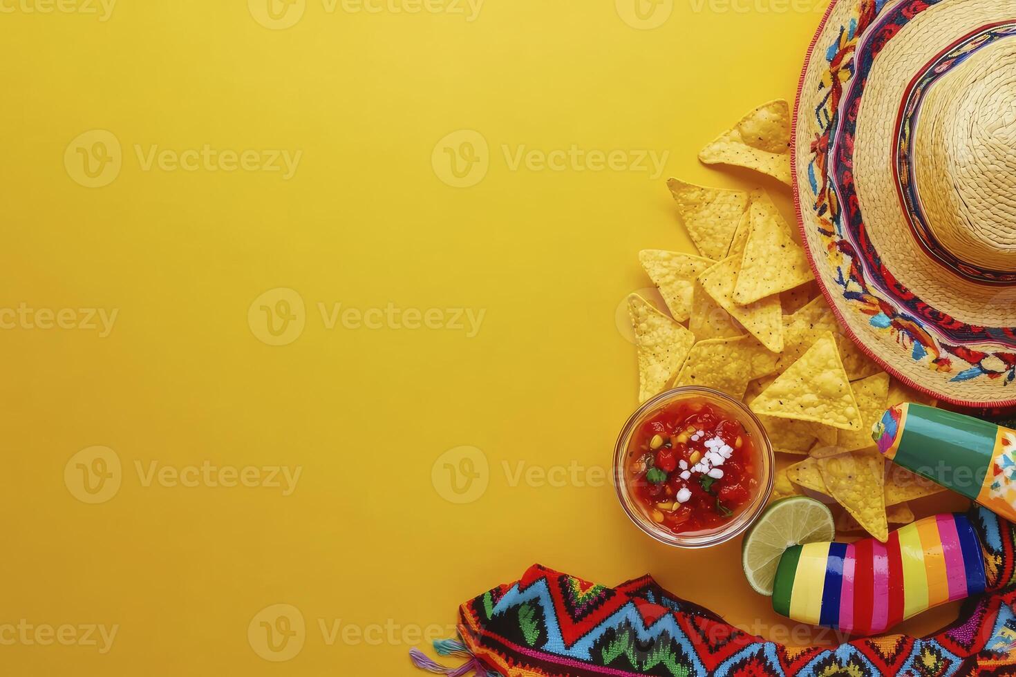 Arrangement of Mexican Fiesta Elements on Yellow Background with Copy Space photo