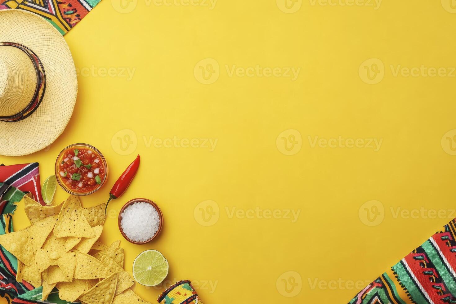 Celebrating Cinco De Mayo with Nachos Salsa and Traditional Mexican Items photo