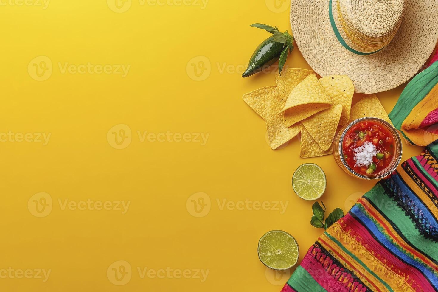 Arrangement of Sombrero, Tortilla Chips, Salsa, and Lime on Yellow Background photo