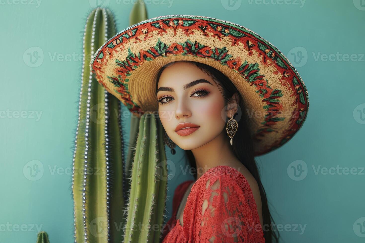 Woman Wearing Sombrero Stands Beside Cactus Against a Teal Background photo