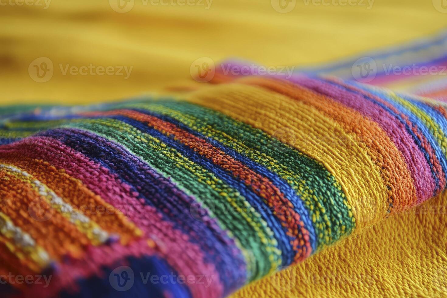 Close-up of Colorful Striped Woven Fabric on Yellow Textile Background photo