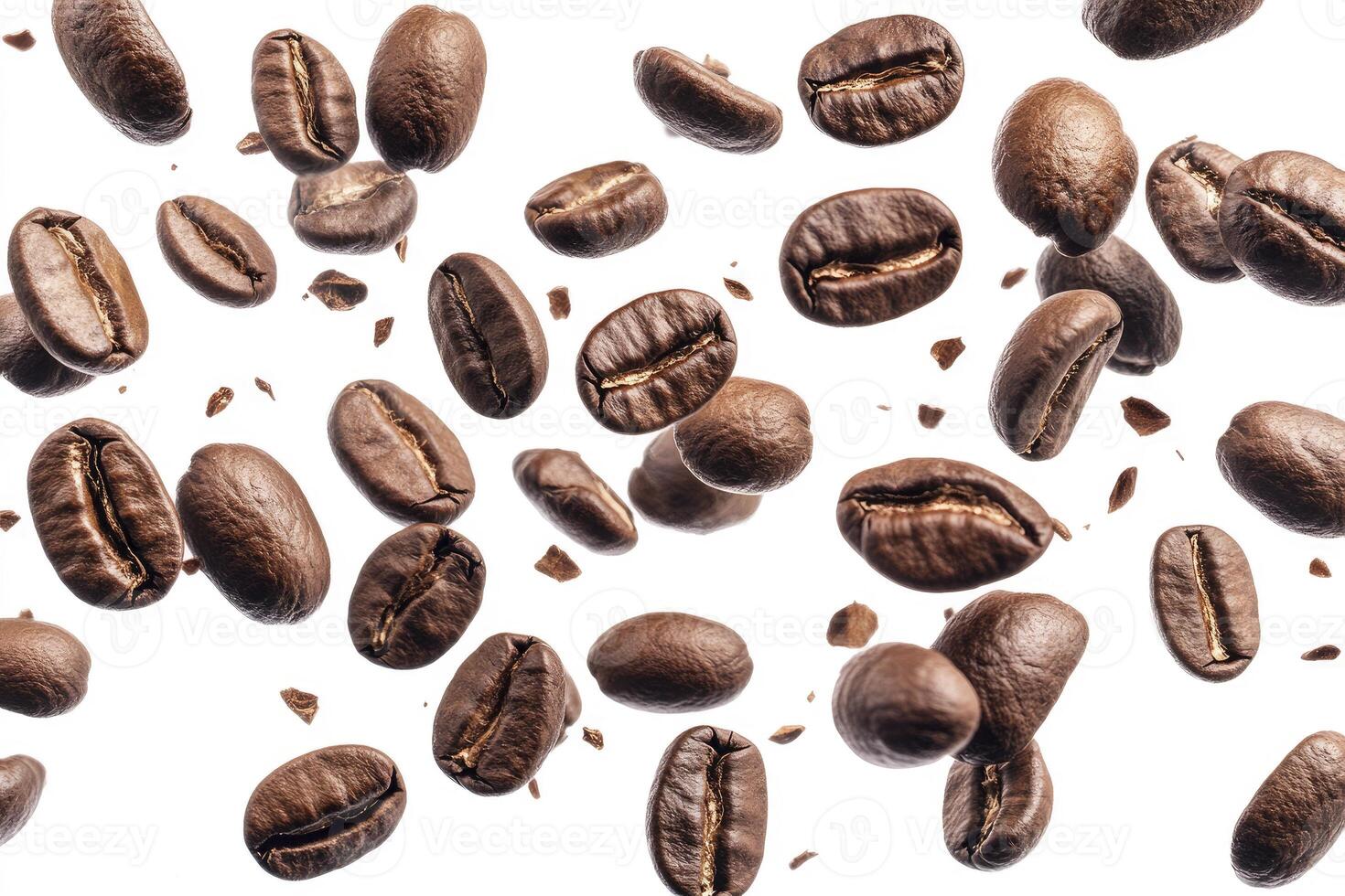 Roasted Coffee Beans Falling on White Background Still Life Photography photo