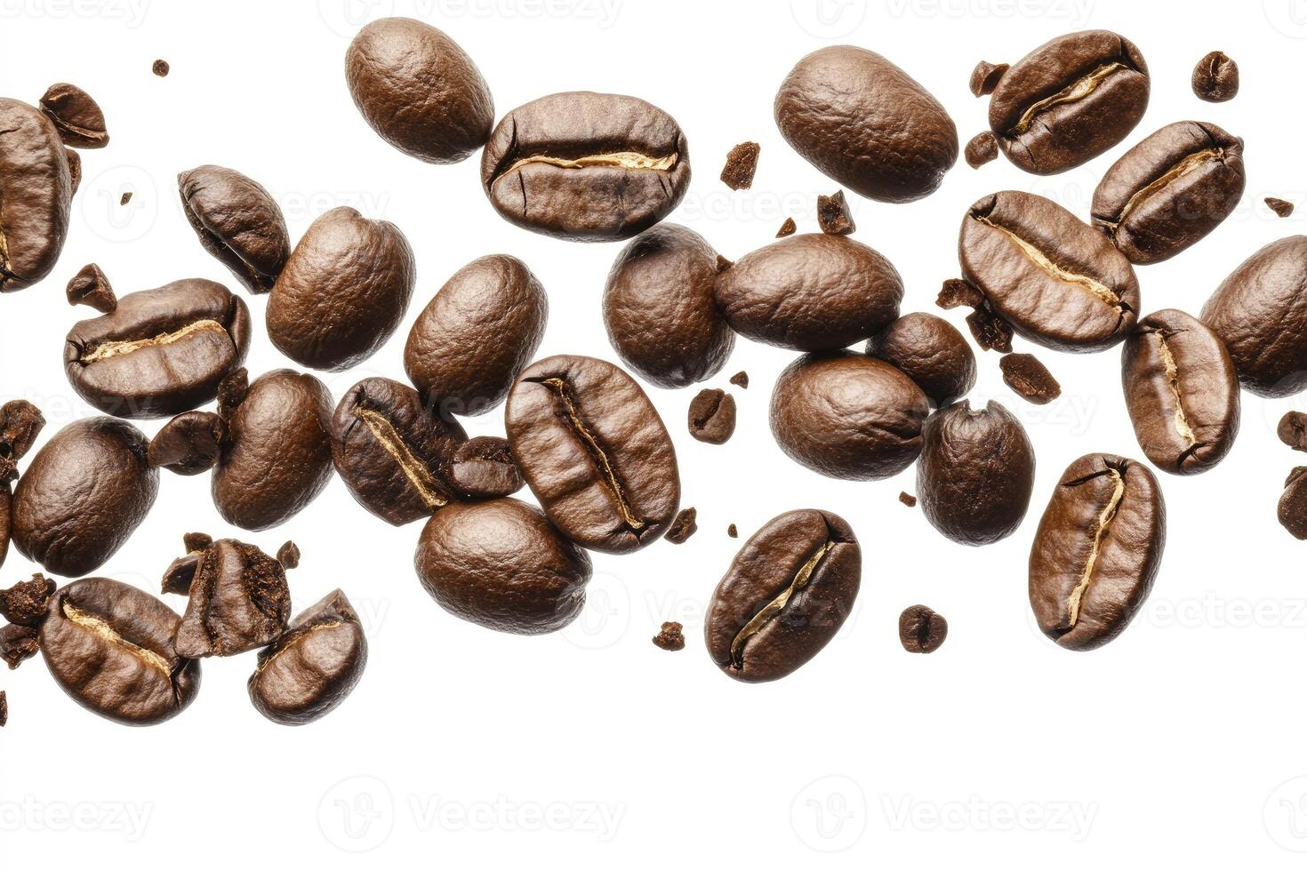 Scattered Coffee Beans Isolated on White Background, a Coffee Bean Spill photo