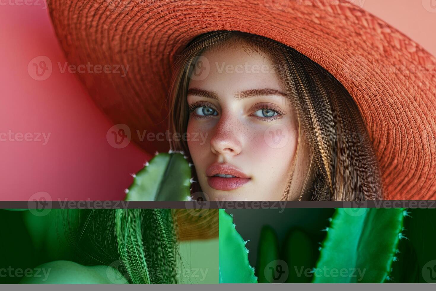 Young Woman in Straw Hat with Cactus Portrait in Studio Setting photo