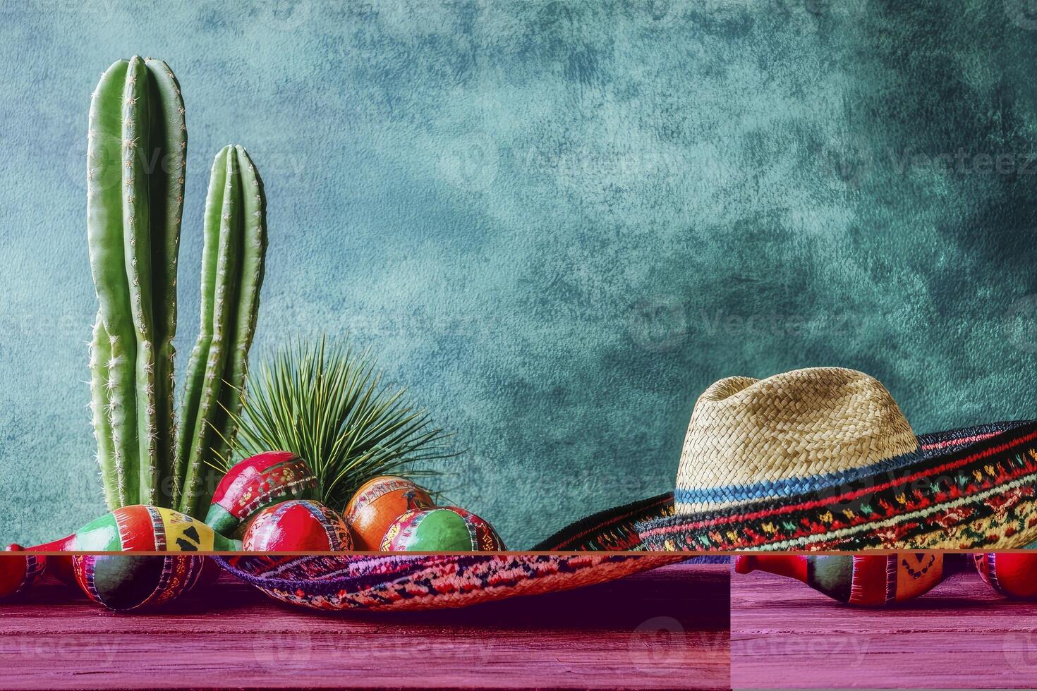 Mexican Fiesta Still Life with Sombrero, Cactus, and Painted Maracas photo