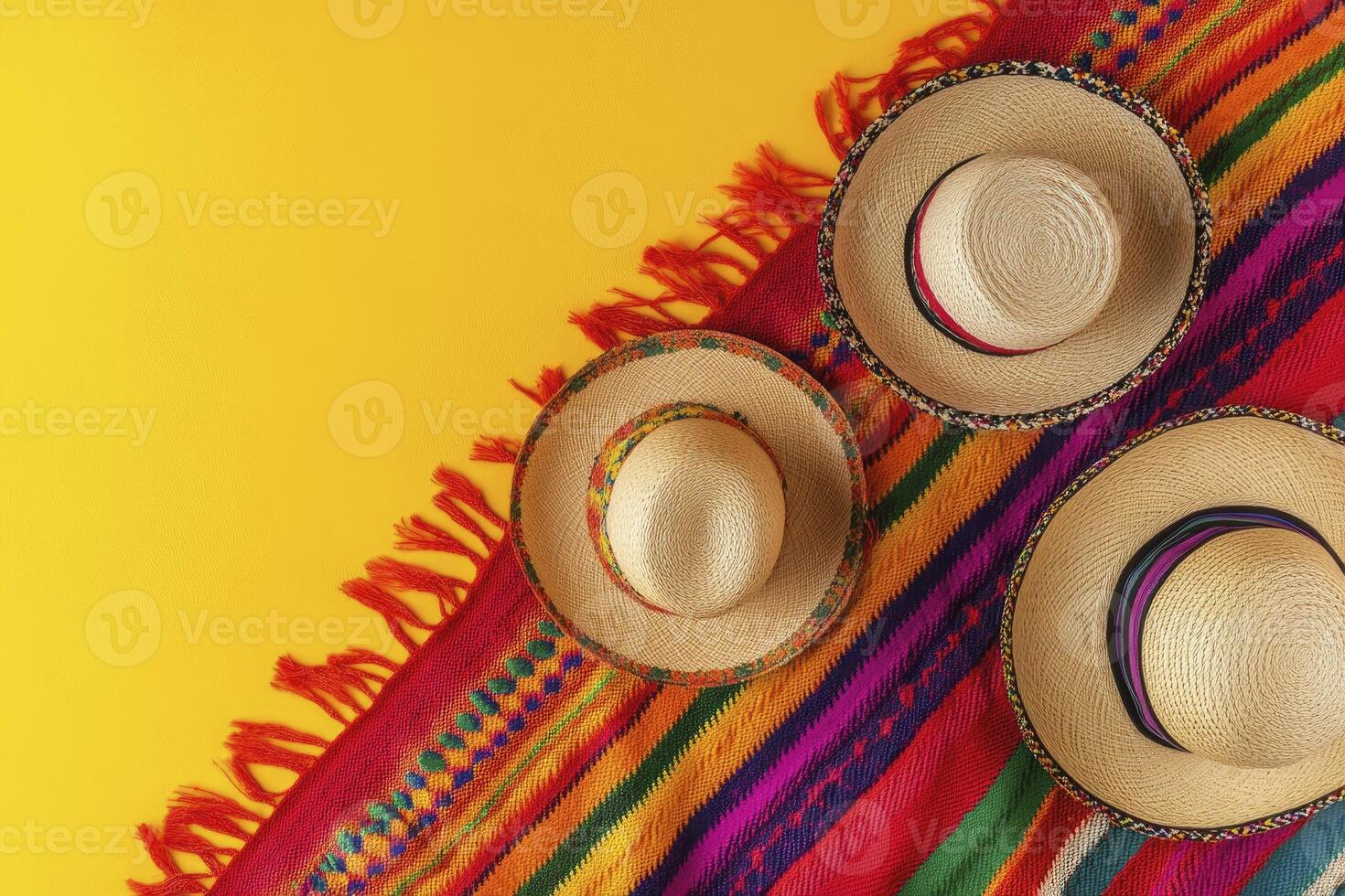 Three Sombrero Hats on Colorful Blanket Against Yellow Background Overhead Shot photo