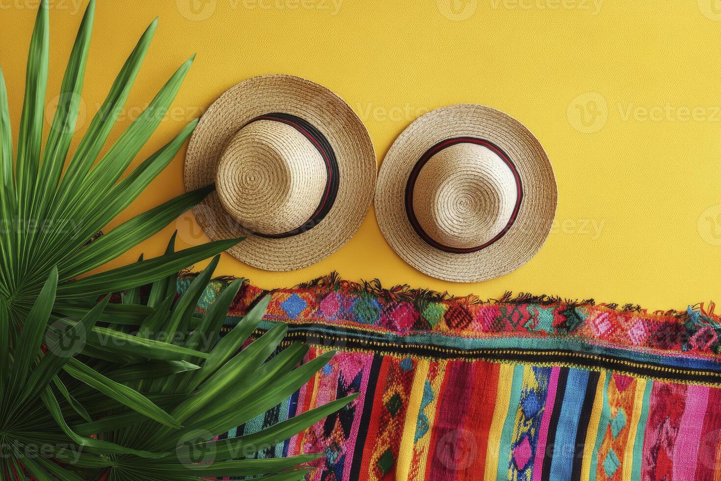 Straw Hats with Colorful Blanket and Palm Leaf on Yellow Backdrop photo
