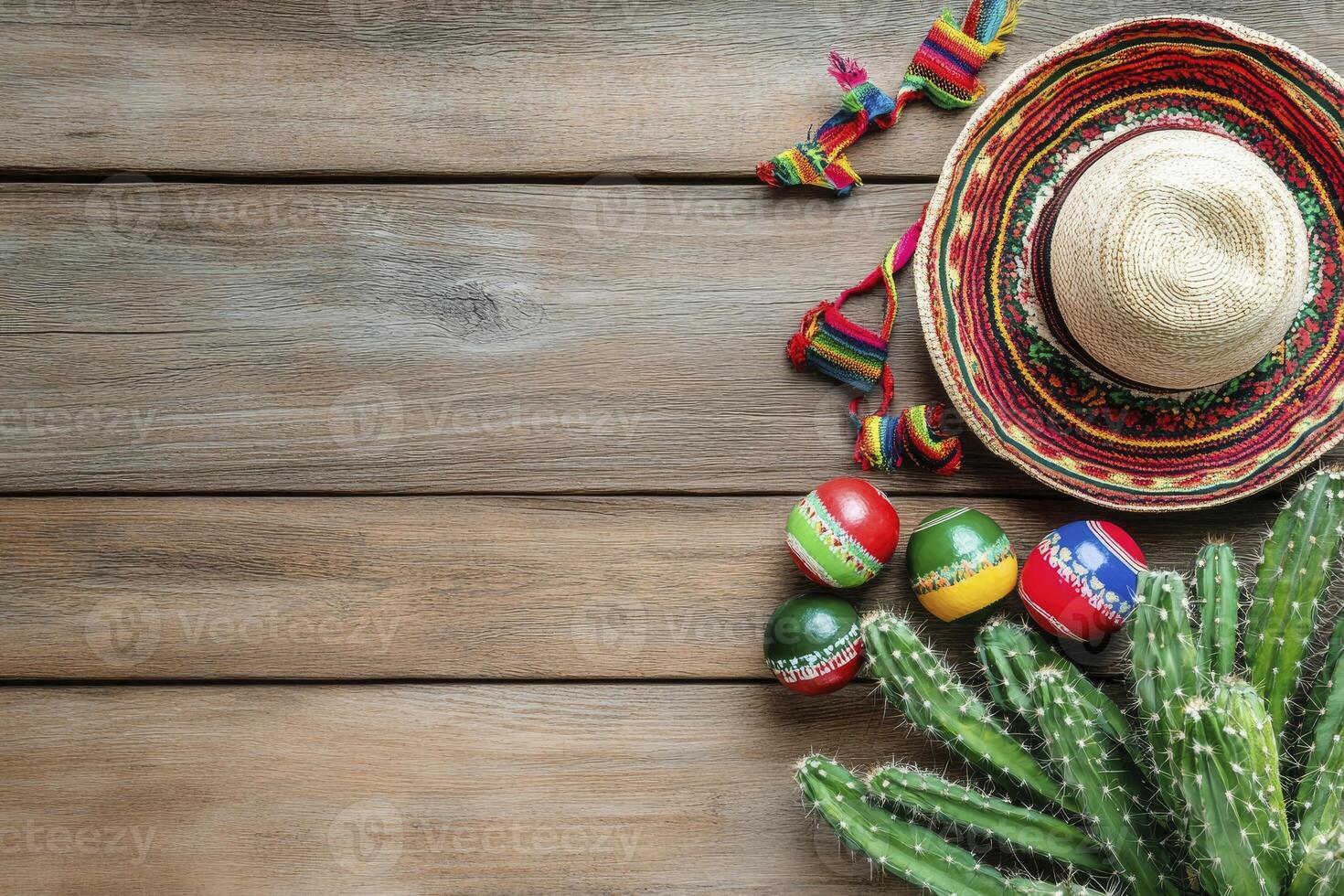 Sombrero and Maracas with Cactus on Wood for Fiesta Celebration photo