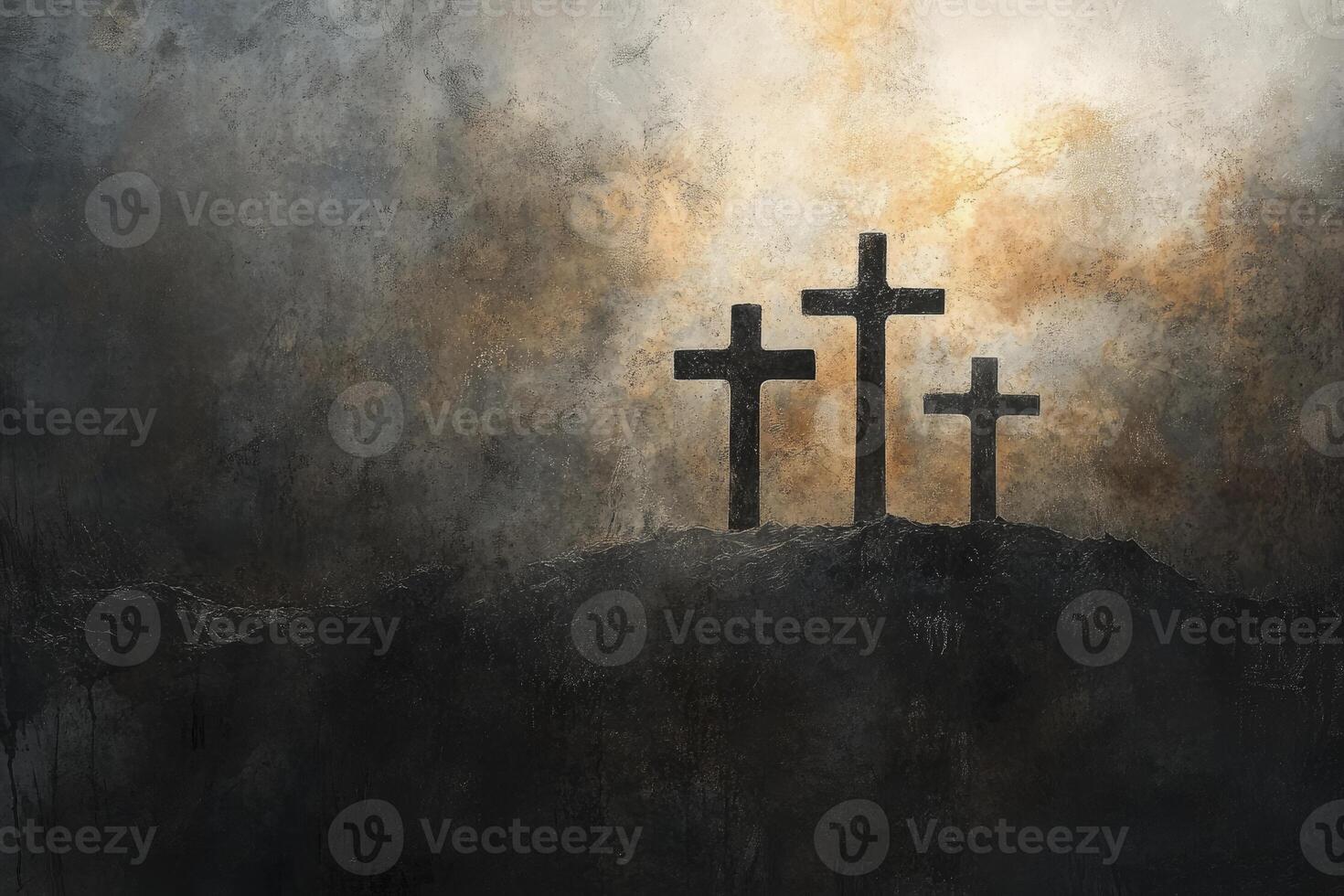 Three Crosses on Hill Evoking Faith and Spirituality with Dark Mood photo