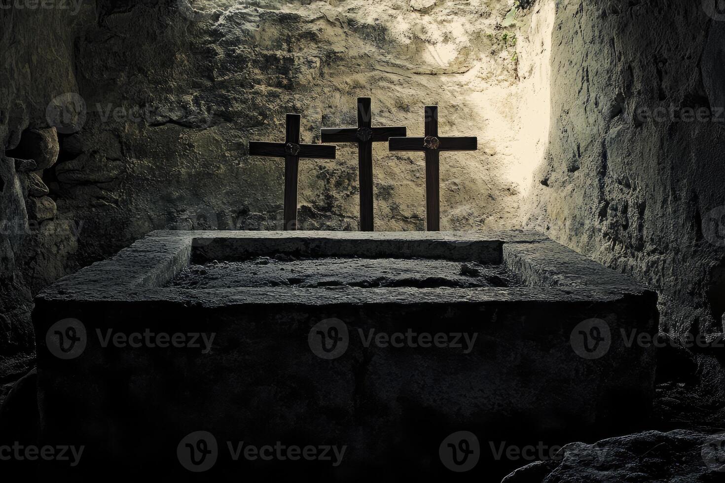 Three Crosses Stand on a Stone Altar in an Ancient Cave photo