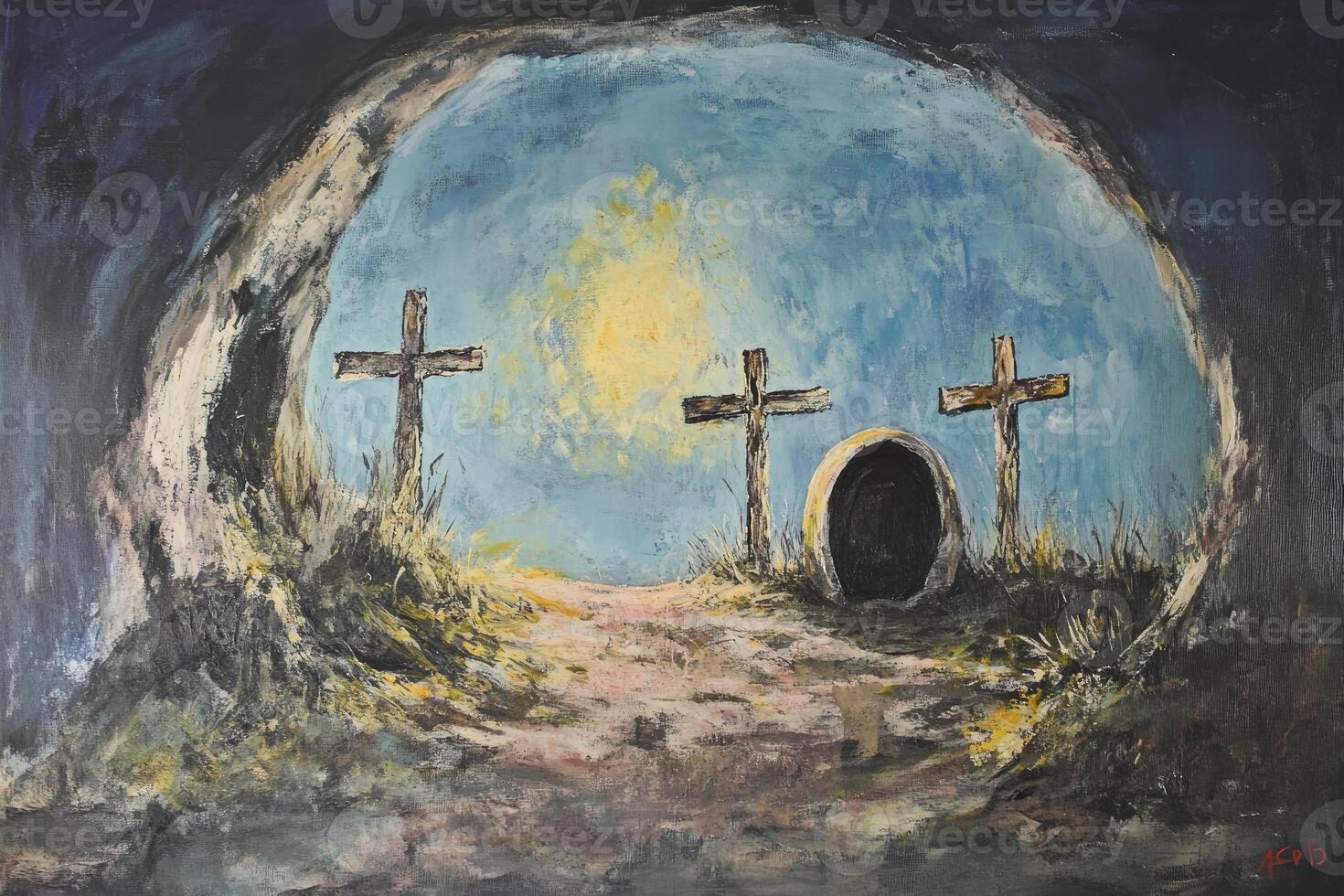 Resurrection Scene Painting Featuring Empty Tomb and Three Wooden Crosses photo