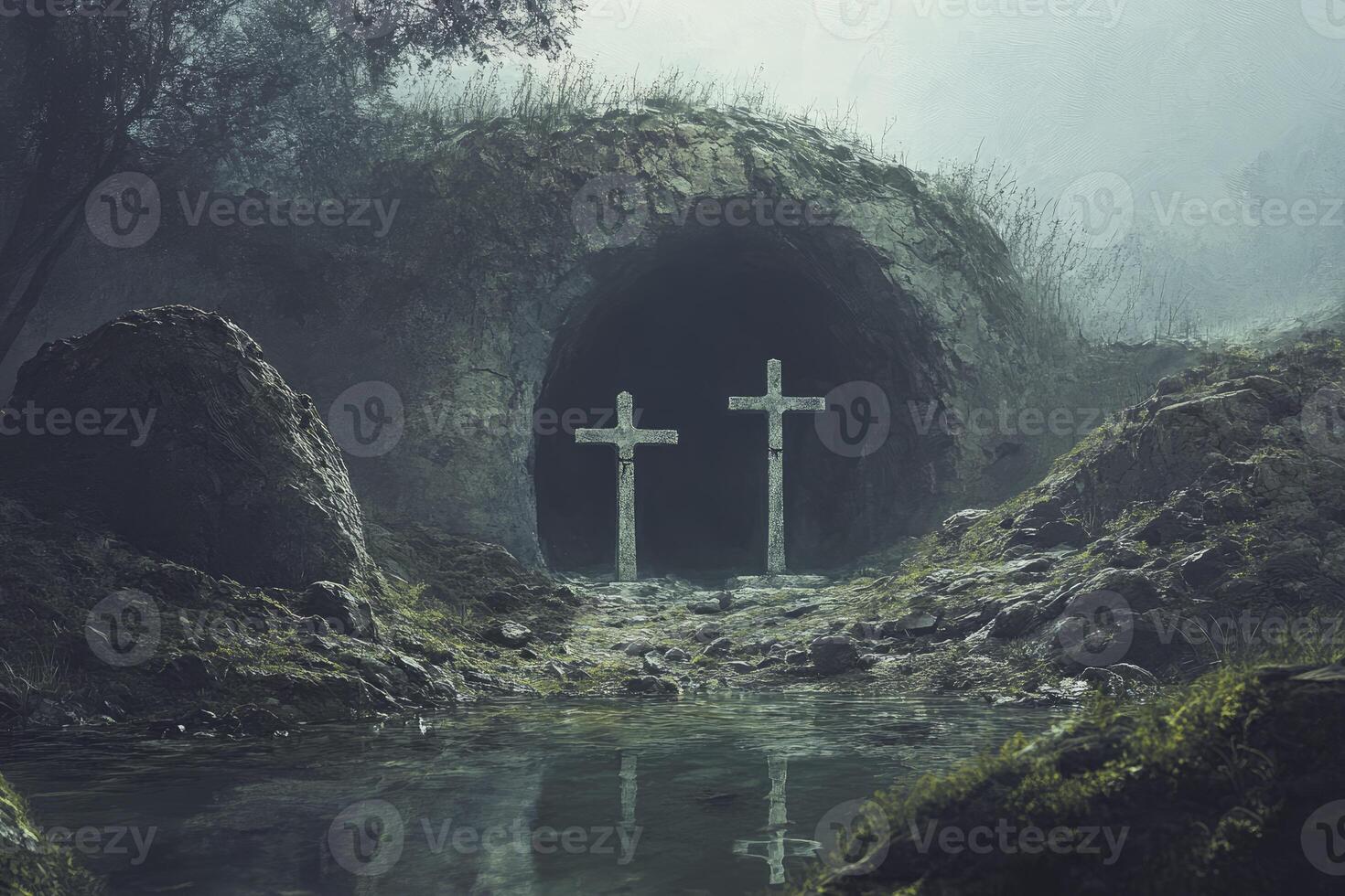Two Crosses Stand at the Entrance of a Dark Cave Reflection photo