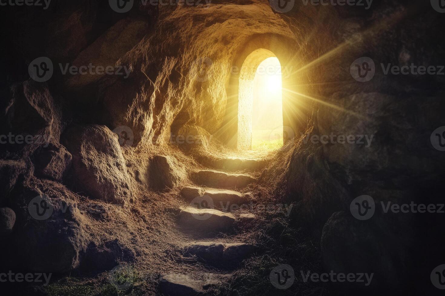 Cave Entrance with Stone Steps Leading to Bright Sunlight and Hope photo