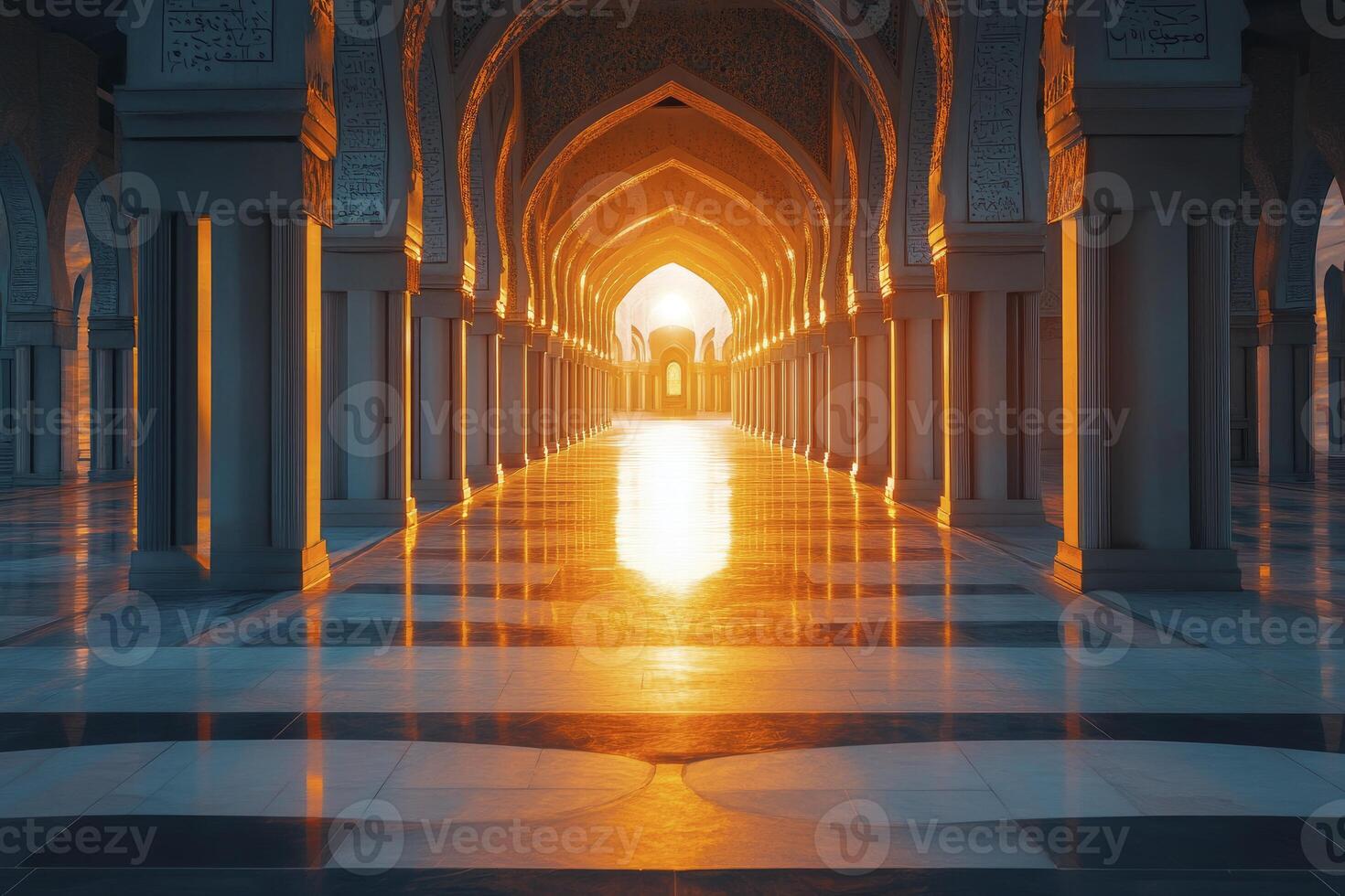 Hallway with Columns and Arches Leading to Bright Light Architecture photo