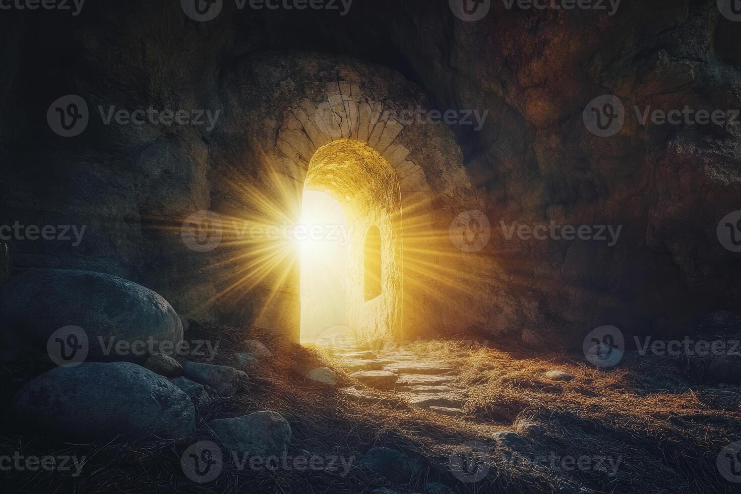 Exploring Cave Opening with Sunlight Shining Through Ancient Stone Archway photo