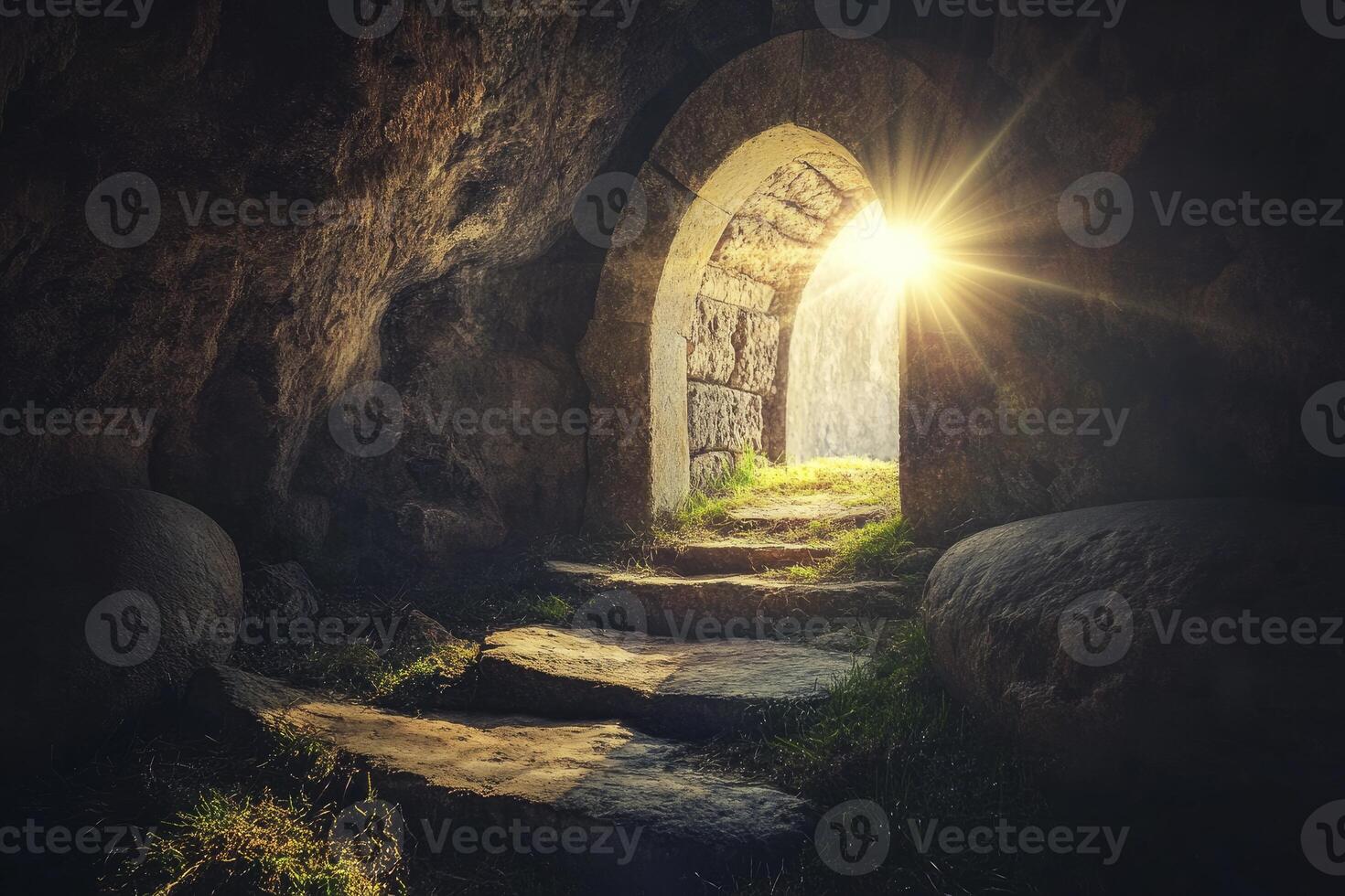Exploring Ancient Stone Archway with Steps Leading to Bright Sunlight photo