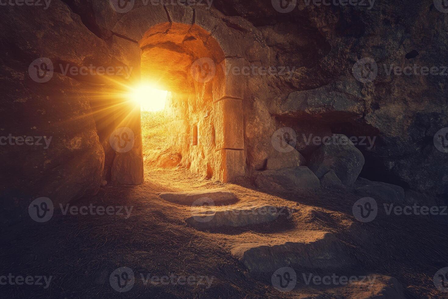 Exploring Ancient Stone Archway with Sunlight Illuminating the Mysterious Path photo