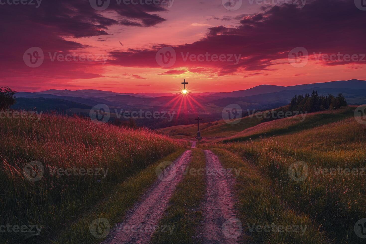 Walking Path Leading to Cross with Dramatic Sunset Landscape photo