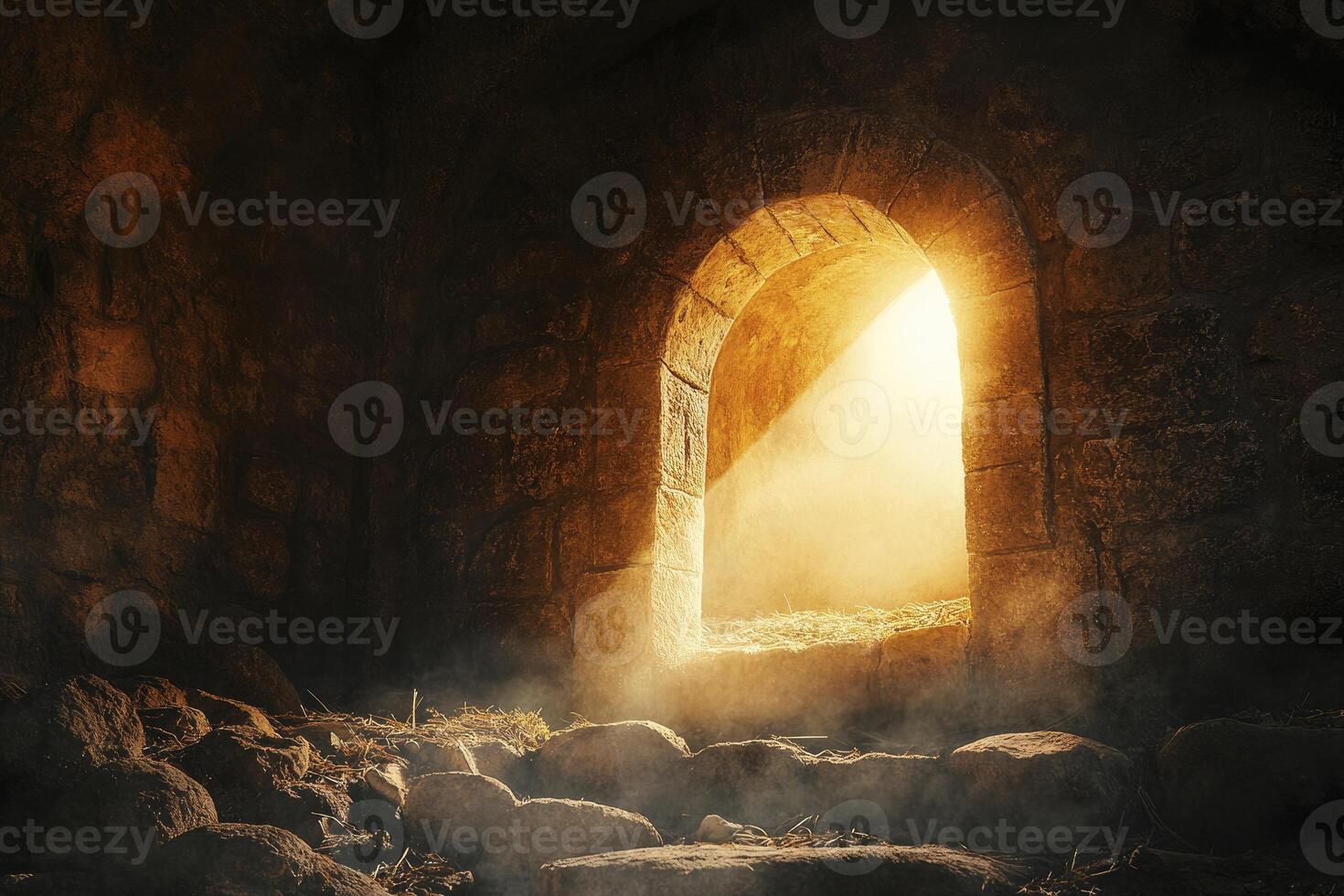 Light Shining Through Stone Archway in Dark Room with Hay photo
