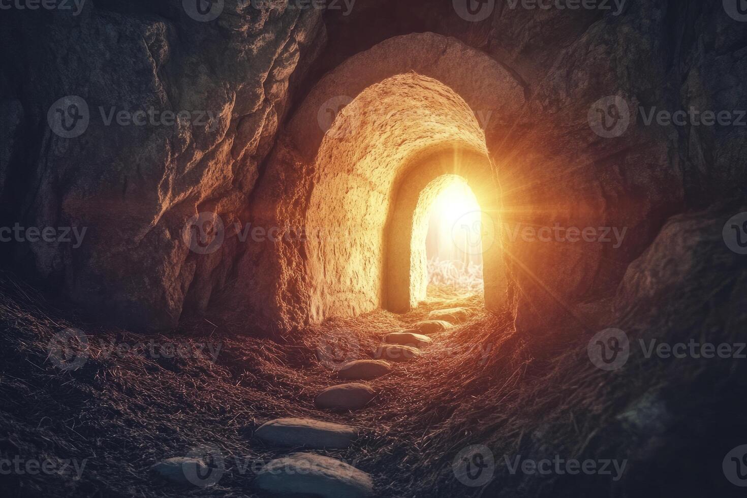 Exploring Cave Tunnel Leading to Bright Light with Stone Path photo