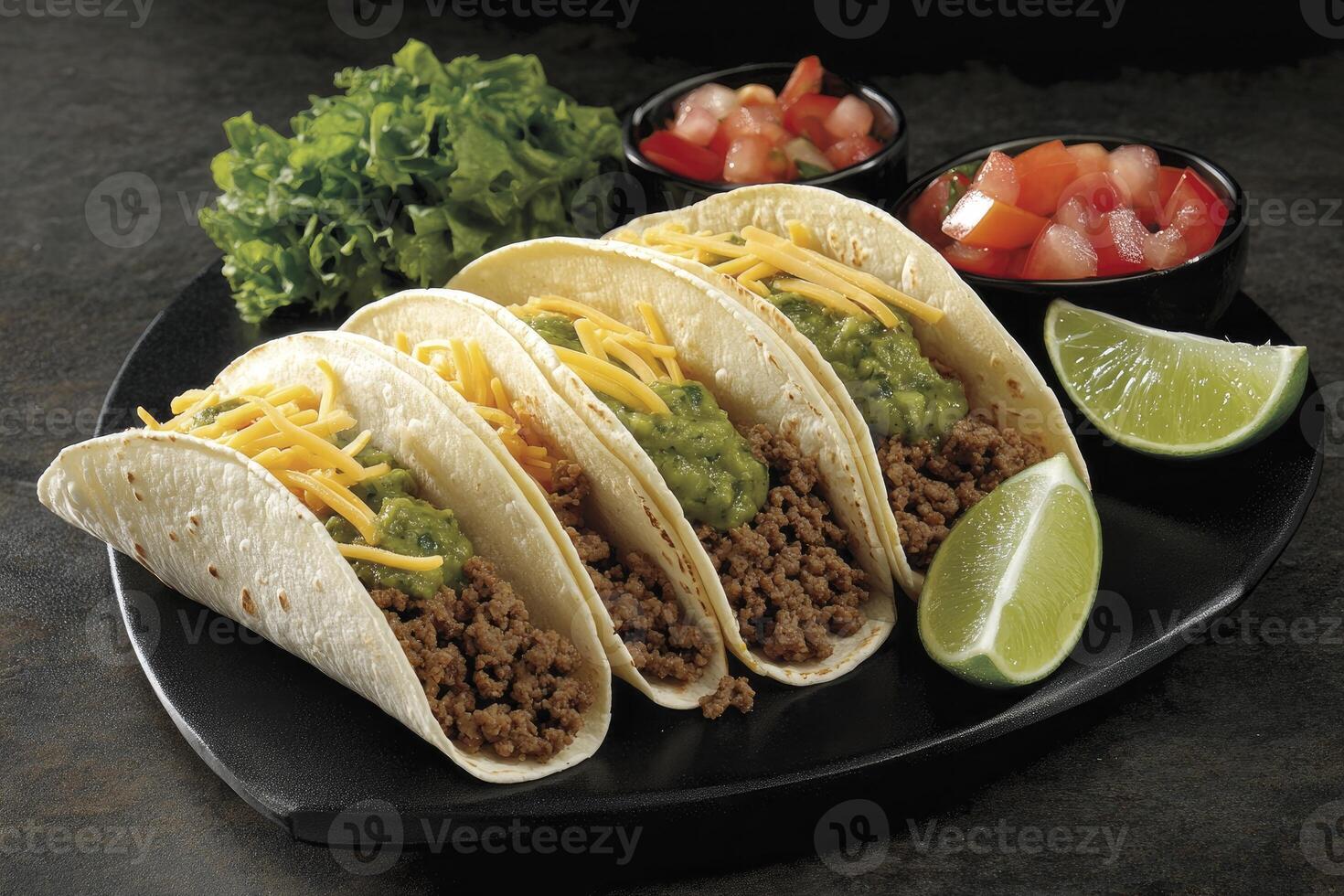 Delicious Tacos with Ground Beef Toppings and Fresh Lime Wedges on Plate photo